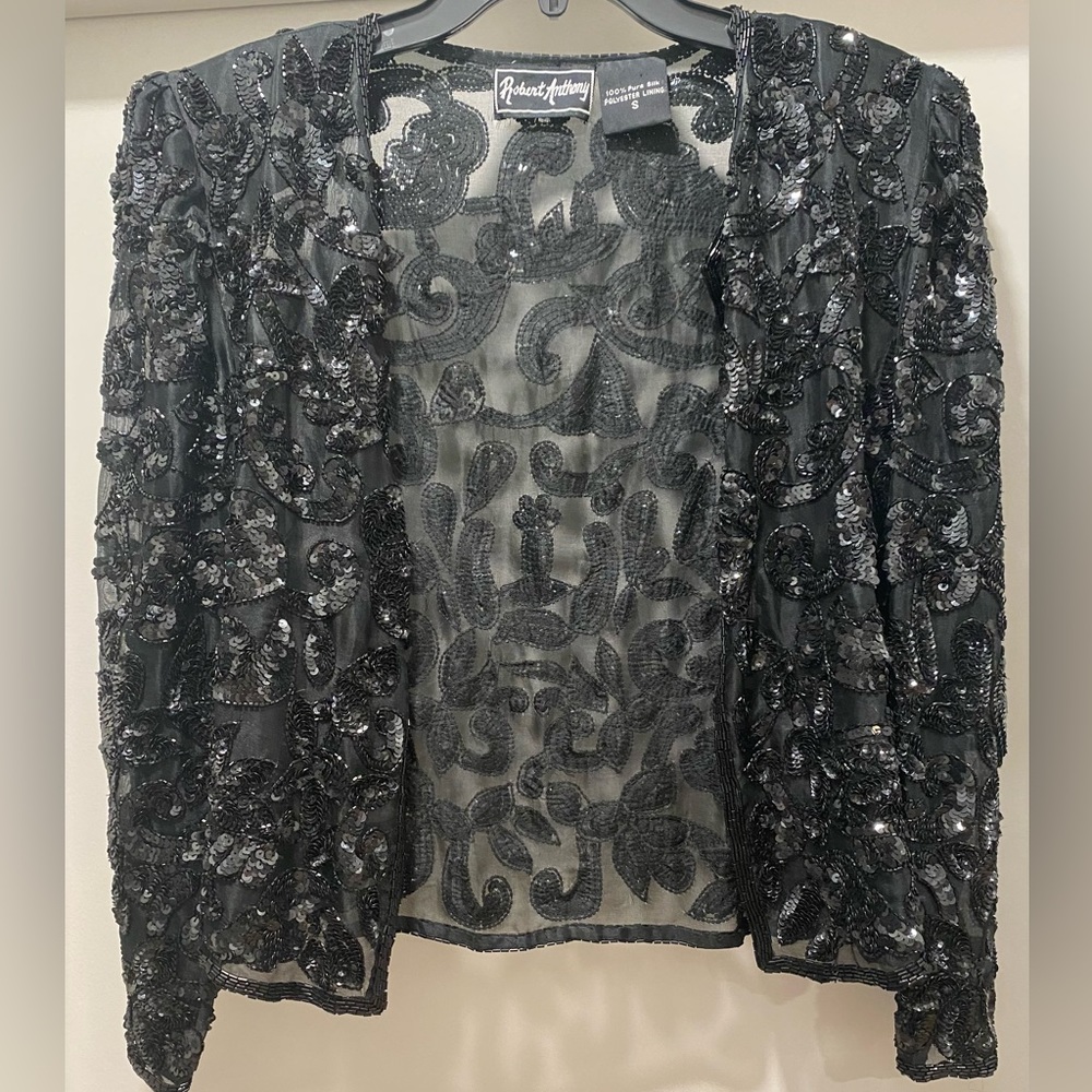 Vintage Robert Anthony Women’s Black Silk Sequined Cropped Jacket Blazer